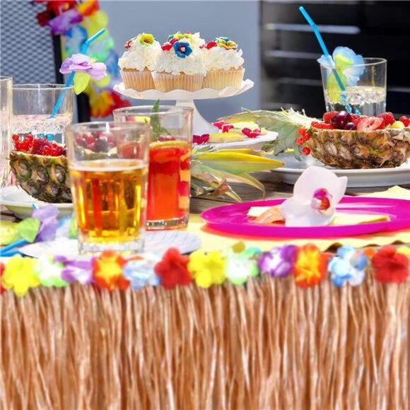Pack of 2, 9 feet X 29" Luau Grass Table Skirt,Hawaiian Luau Libiscus TableSkirt - Picture 3 of 6